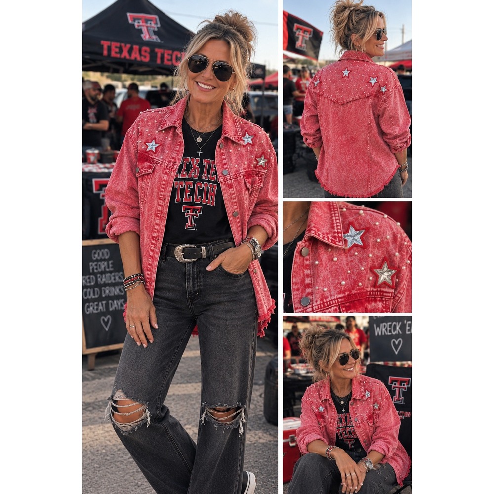 Fantastic Fawn Red Acid Wash Star Pearl Denim Jacket Small Oversized Western